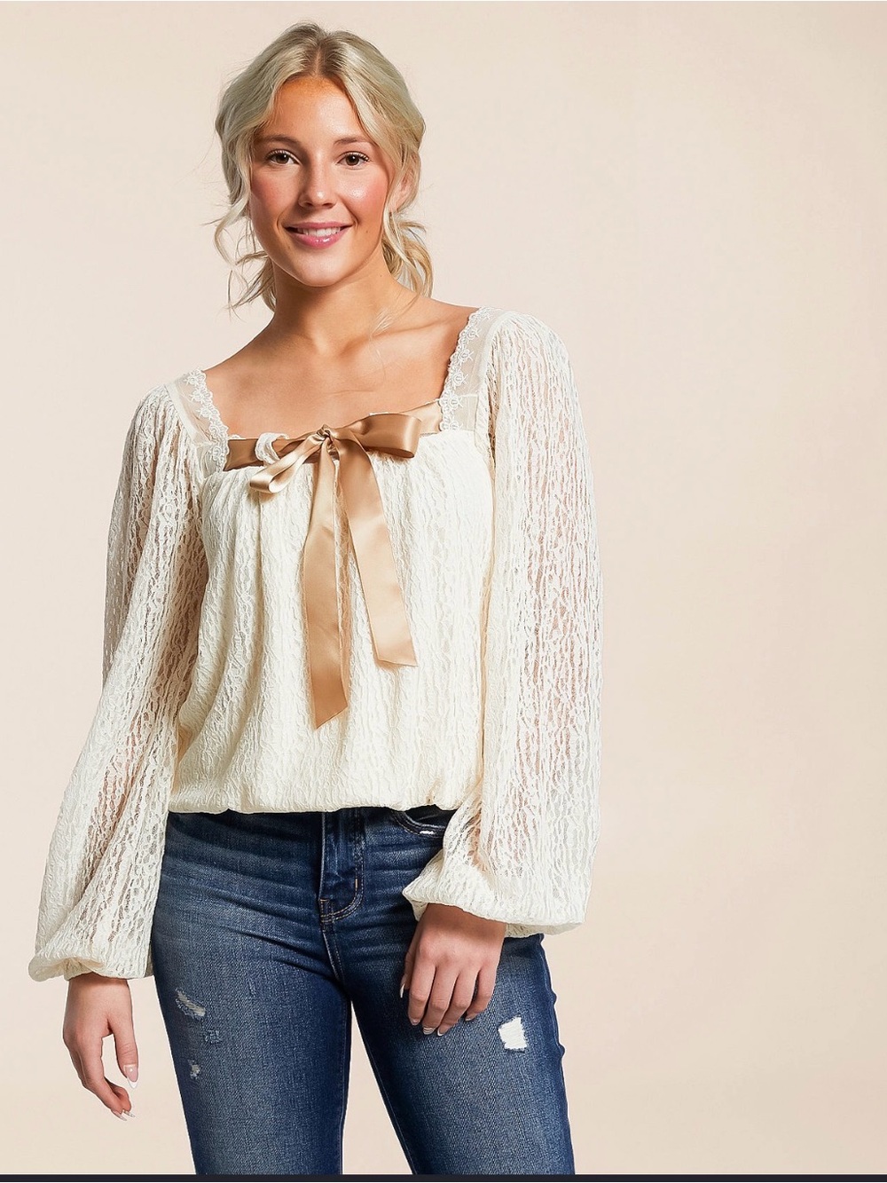 Daytrip Cream Lace Blouse with Satin Bow